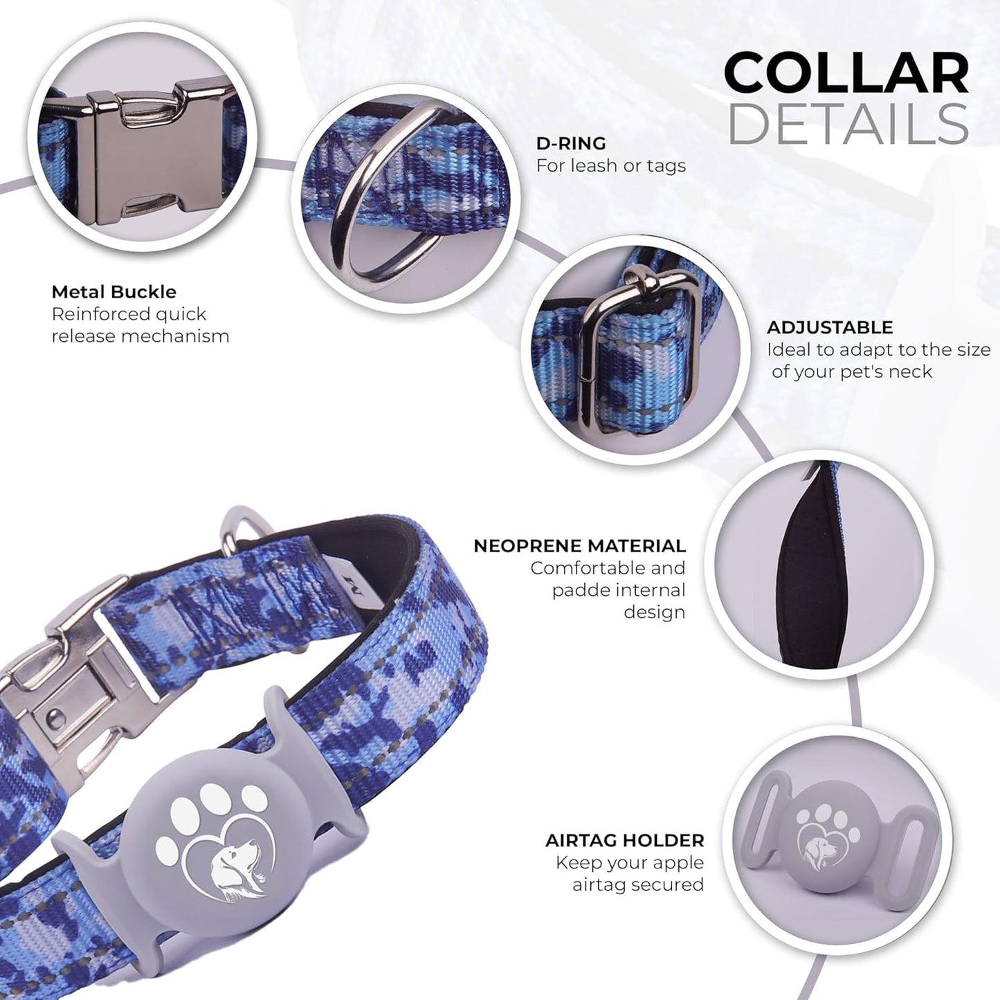 Airtag Dog Collar, Waterproof Airtag Holder, Apple Airtag Dog Collar, Heavy Duty Dog Collar, Adjustable, Soft, and Reflective for Medium and Large Dogs (Blue)