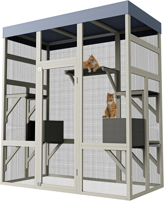 70" Large Outdoor Catio Cat Enclosure, Wood Cat Patio with Waterproof UV-Resistant Roof, Cats Shelter with 5 Platforms and 2 Resting Box, and Secure Rust-Proof Wire for Backyard or Patio