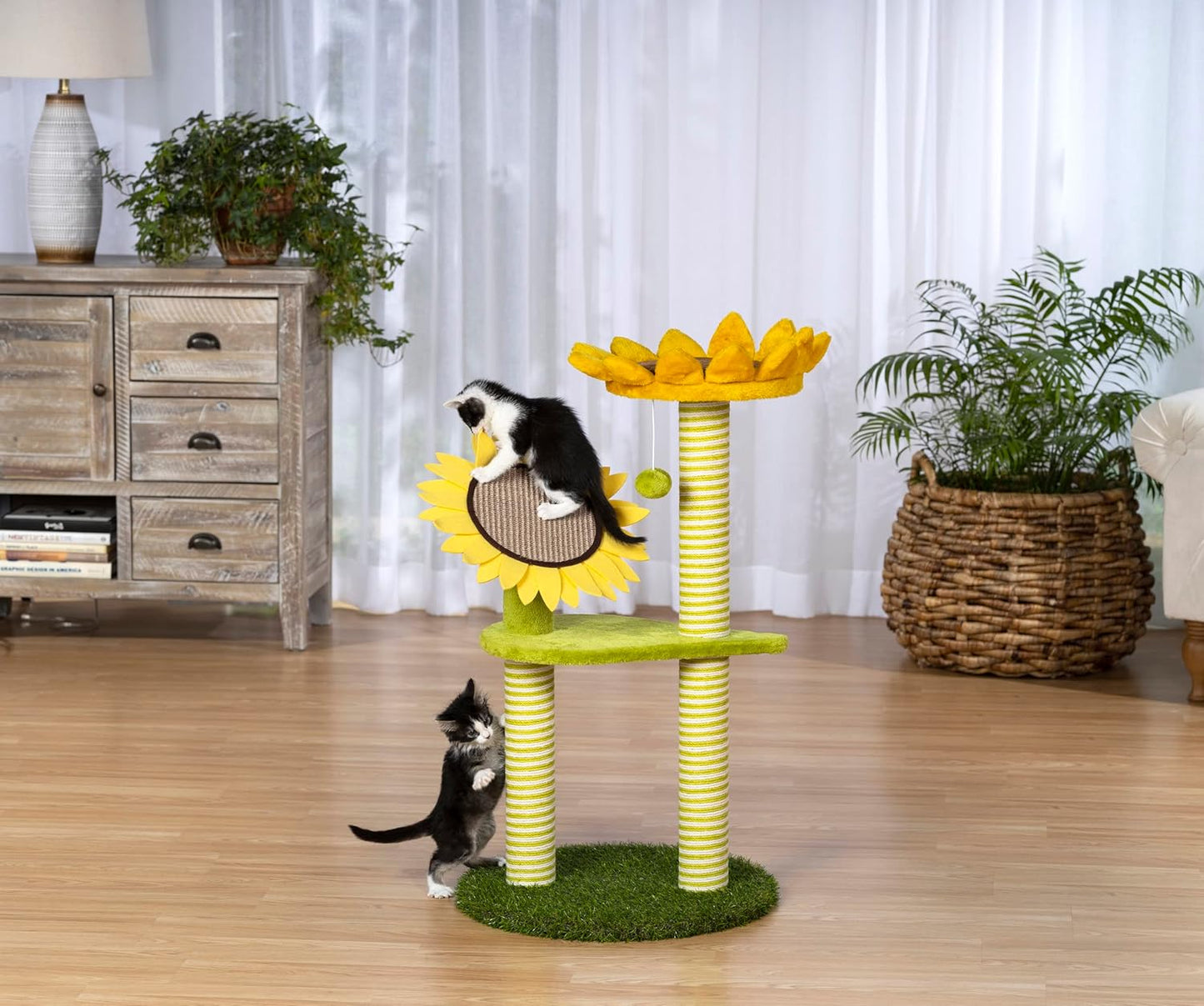 Prevue Pets Sunflower Playground Cat Scratching Post Tree Activity Center with Toy, Green