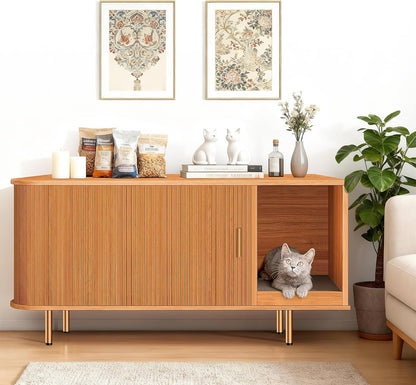 Litter Box Enclosure with Cat Scratch Pad, Sliding Door, 38.5" Litter Box Enclosure Furniture Hidden Litter Box, Modern Indoor Cat House, TV Stand, Side End Table for Living Room, Walnut