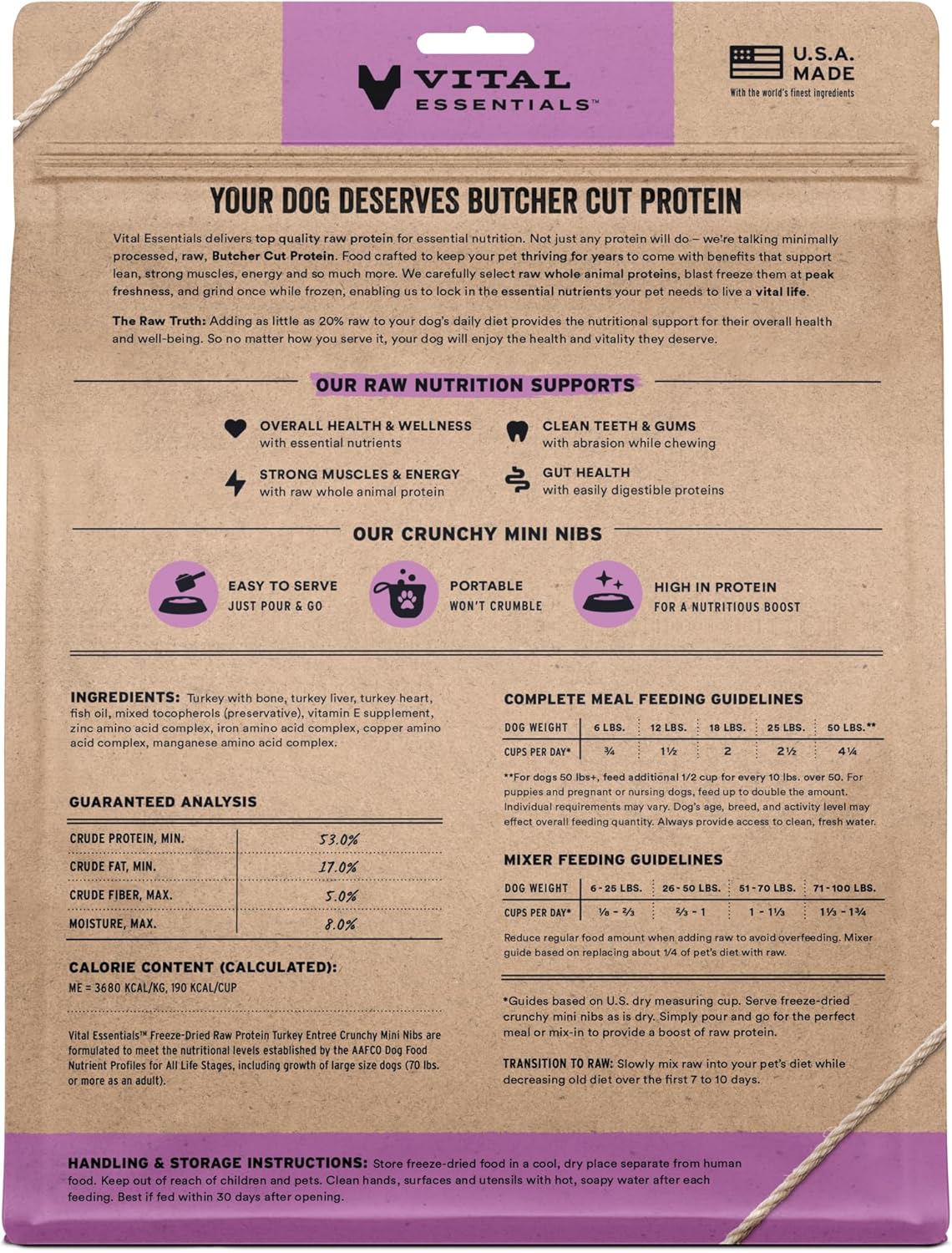 Vital Essentials Freeze-Dried Raw Turkey Crunchy Mini Nibs | Complete Meal or Mixer Dog Food | 25 oz