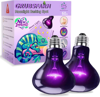 60W Reptile Night Light Bulb, UVA Heat Lamp – Simulated Natural Moonlight Purple Basking Bulb for Bearded Dragon, Lizard, Snake, Turtle, Chameleon, Amphibians, Aquarium & Terrarium Use