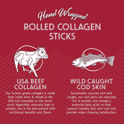 Icelandic+ Rolled Collagen Stick: Beef & Cod Skin - 4" Dog Crew Treat, Hand-Wrapped Fish, 2 Ingredient Pet Snacks, Dental Health, Rawhide Alternative (Pack of 6)