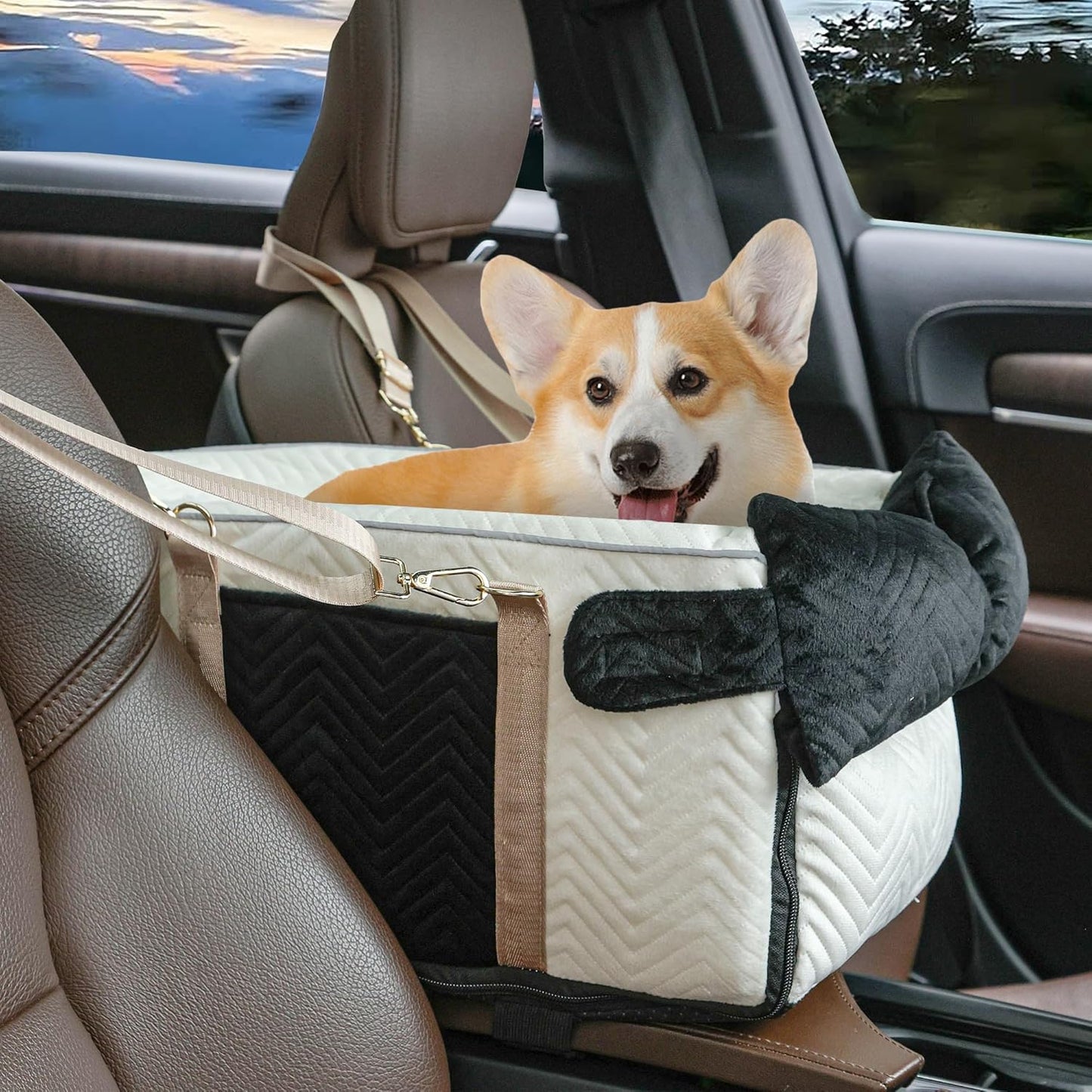 Dog Car Seat for Small Dogs Adjustable Portable Center Console Dog Car Seat Removable Cat Booster Cars Seats - Safety Belt with Cushion Anti-Collapse for Puppy Kitten Up to 15 Lb