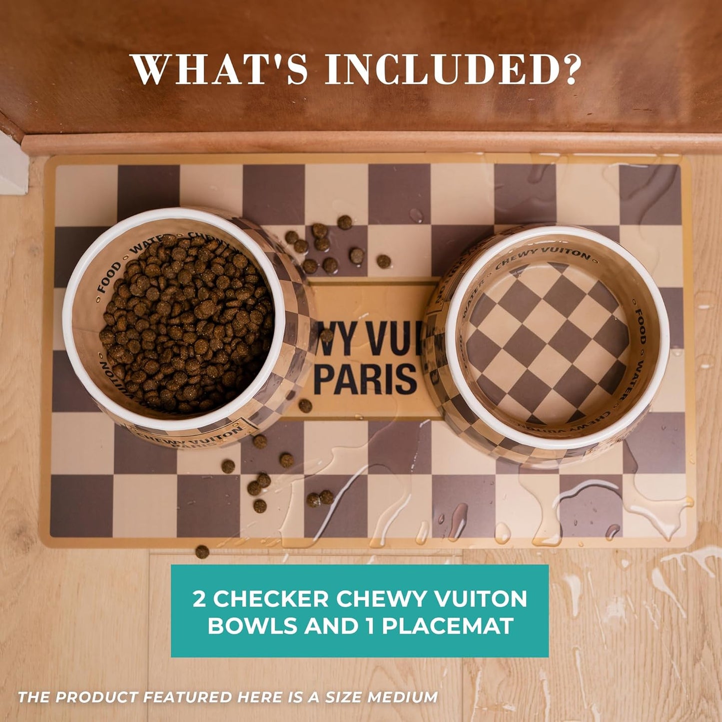Haute Diggity Dog Checker Chewy Vuiton Dog Bowl & Placemat, BPA-Free Food & Water Bowls, Non-Skid, Dishwasher Safe, Includes Food Mat, Medium Size, Case of 2.