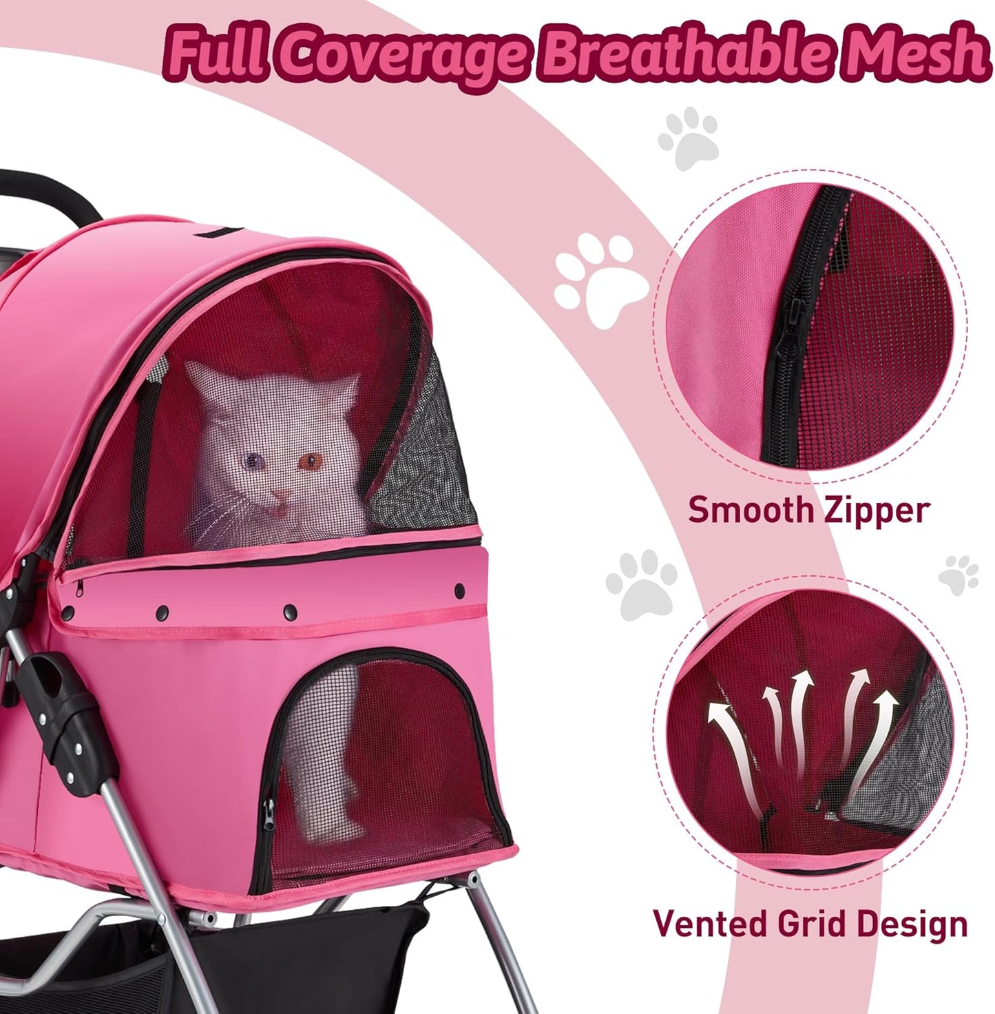 Pet Stroller, 4 Wheels Pet Strolling Cart for Medium/Small Dogs and Cats, Foldable Cat Jogger/Dog Stroller with Cup Holder, Storage Basket, Breathable Mesh, All-Season Pet Carrier, Pink