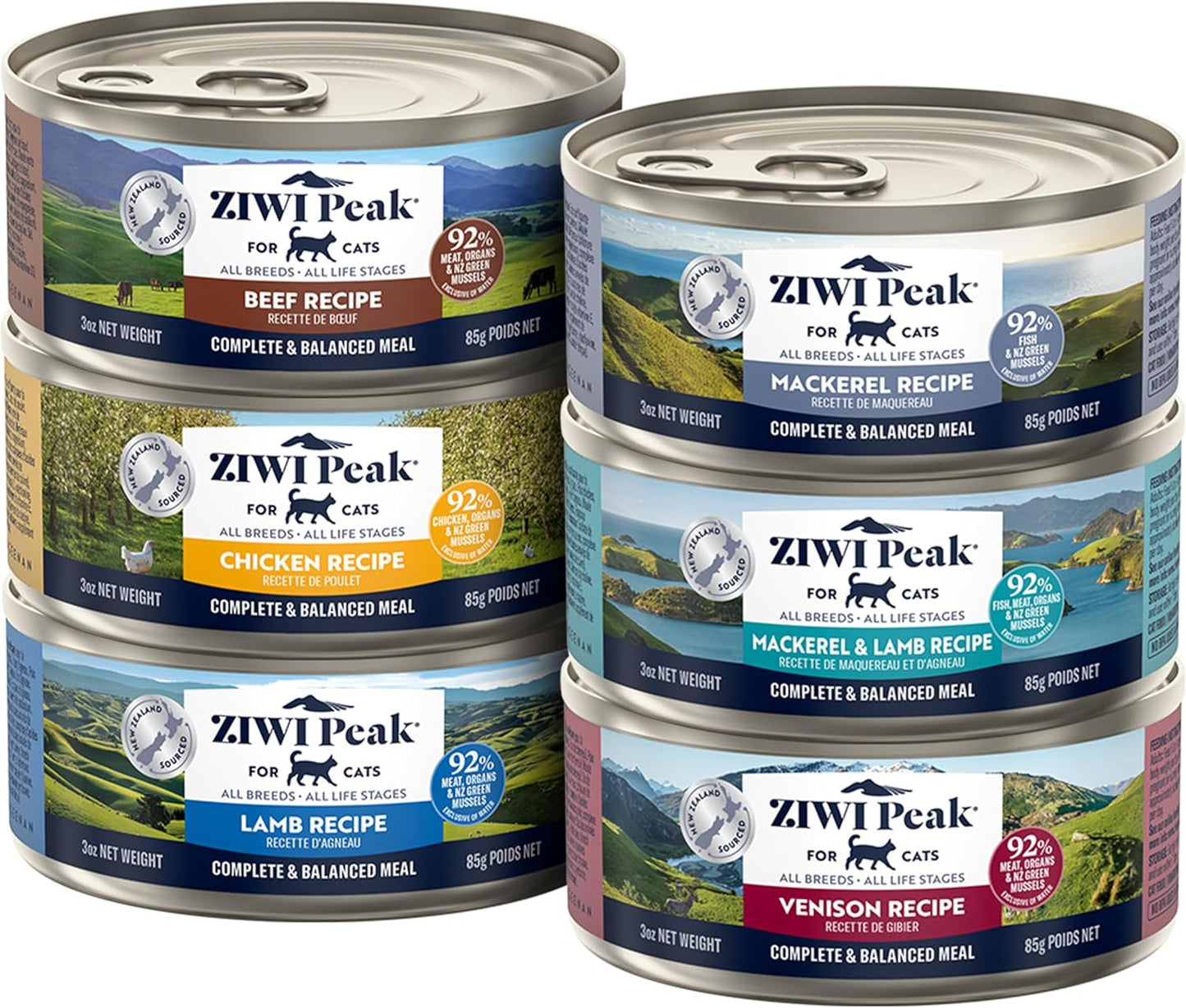 ZIWI Peak Wet Cat Food Variety Pack - Beef, Chicken, Lamb, Mackerel & Lamb, Mackerel, Venison, 6 Pack (3oz Each)
