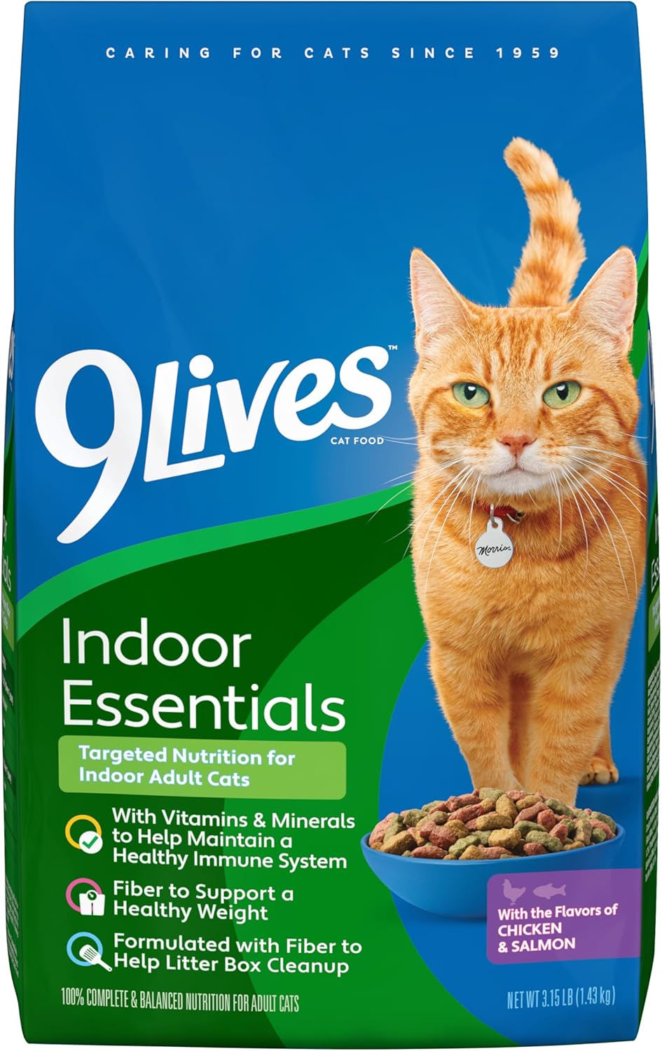9Lives Indoor Essentials Dry Cat Food for Adult Cats with Chicken & Salmon Flavors, 3.15 lb. Bag (Pack of 4)