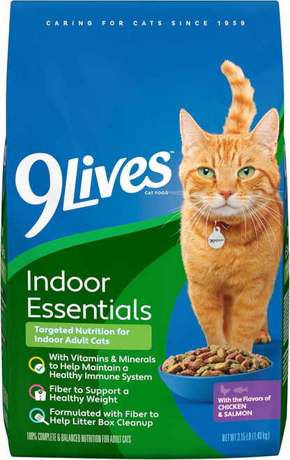 9Lives Indoor Essentials Dry Cat Food for Adult Cats with Chicken & Salmon Flavors, 3.15 lb. Bag (Pack of 4)