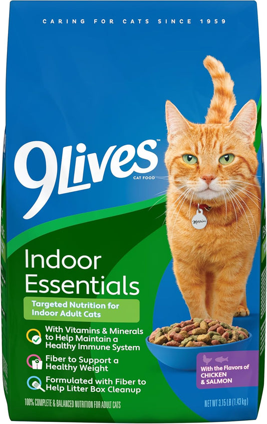 9Lives Indoor Essentials Dry Cat Food for Adult Cats with Chicken & Salmon Flavors, 3.15 lb. Bag (Pack of 4)