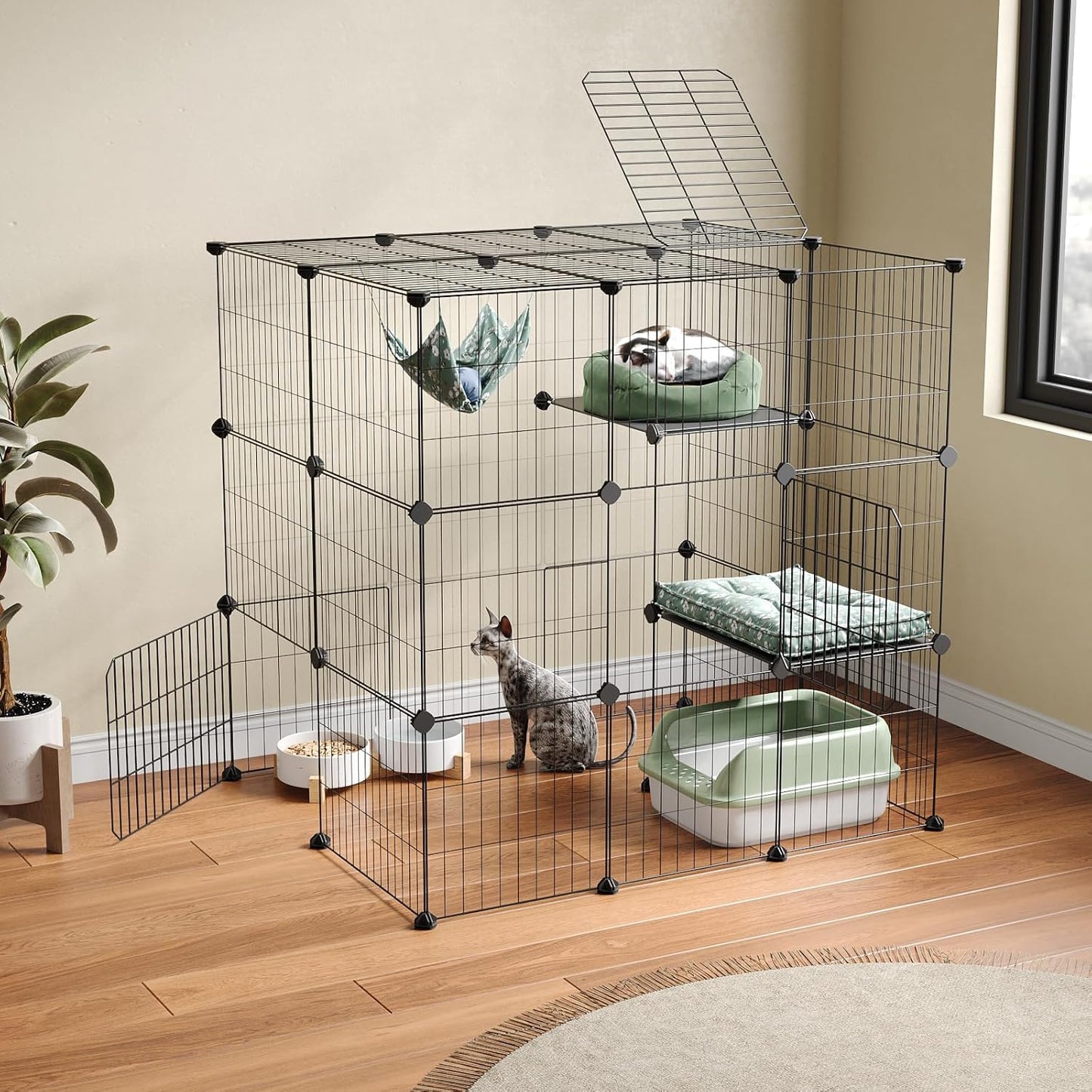 Oneluck 3-Tier Cat Cages Indoor Enclosure DIY Cat Playpen Catio Detachable Metal Wire Kennels Cats Crate Large Extra Exercise Place Ideal for 1 Cat,35.4 Inches