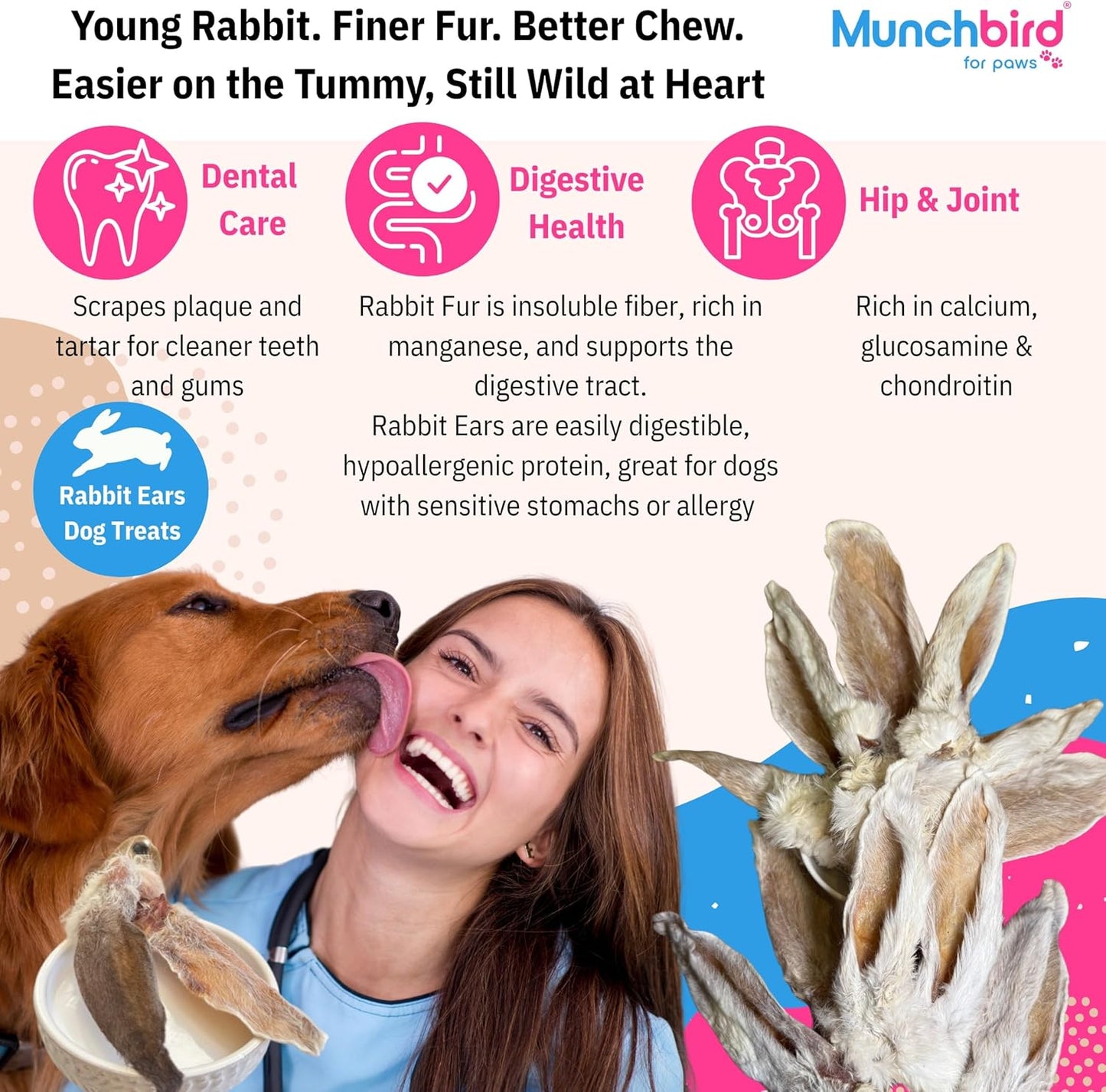 Munchbird Rabbit Ears Freeze Dried Chicken Food Topper for Dogs Bundle