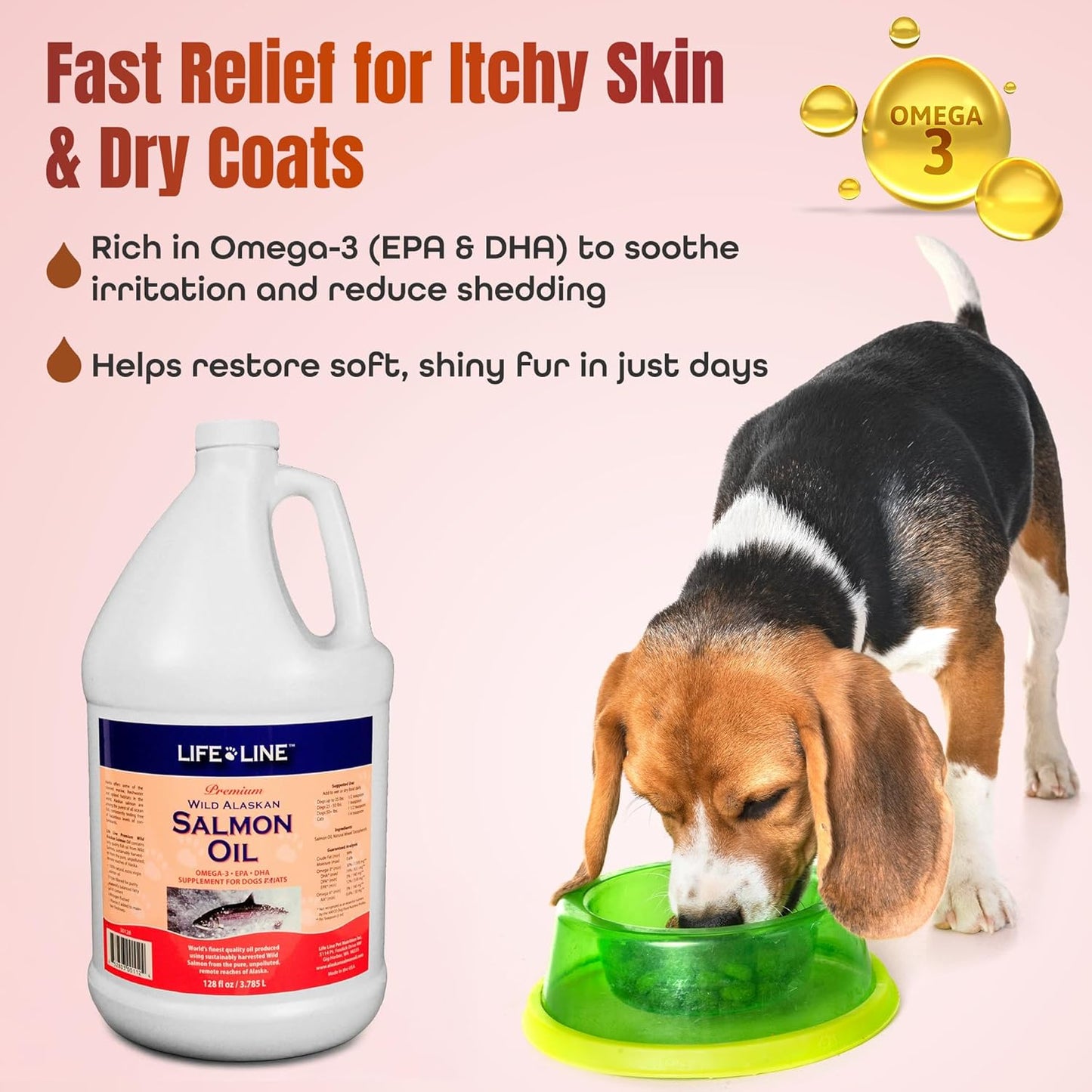 Life Line Wild Alaskan Salmon Oil for Dogs & Cats | Omega-3 Fish Oil Supplement for Skin Health, Shiny Coat & Joint Support – 128 oz