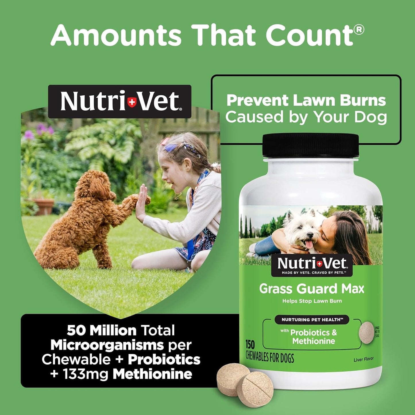 Nutri-Vet Grass Guard Chewables, Lawn Burn Prevention, Dog Urine Neutralizer for Grass, Gut Health Support with Probiotic and Enzymes, Dog Probiotics, Pet Supplement Tablets, 150 Count (Pack of 2)