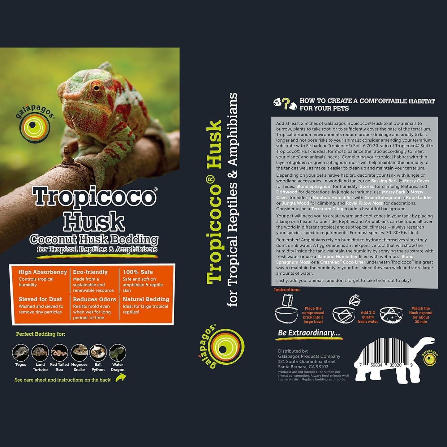 Galápagos (05020) Tropicoco® Husk Bedding for Reptiles, Amphibians, & Terrariums High Absorbency, Eco-Friendly, Dust-Free Perfect for Water Dragons, Tortoises, Snakes, & More, 8QT Compressed Brick