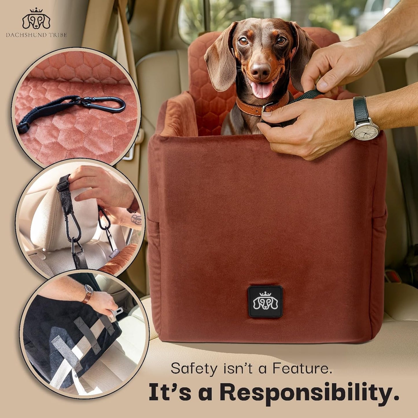 Dog Car Seat for Small Dogs - Safety Booster Bed for Car Travel, Machine Washable Cover, Scratch & Water Resistant, Adjustable, Non-Slip Base (Royal Brown, Small/Medium)
