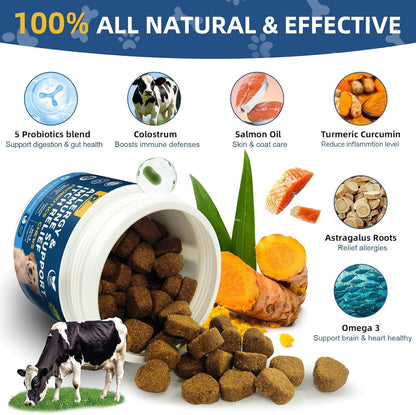 Dogs Allergy & Itch Relief Chews, Dog Probiotics for Itchy Skin and Itchy Ear, Dog Allergy Supplement for Paw Licking, Pet Itching Skin Relief with Colostrum, Fish Oil, Probiotic to Boost Immune 120ct