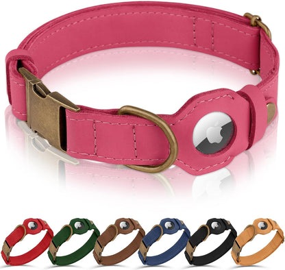 AirTag Dog Collar - Genuine Leather Dog Collar with Apple AirTag Holder and Metal Buckle - Smart GPS Tracking Pet Collars (Pink, L, 17"-21" Neck Fit)
