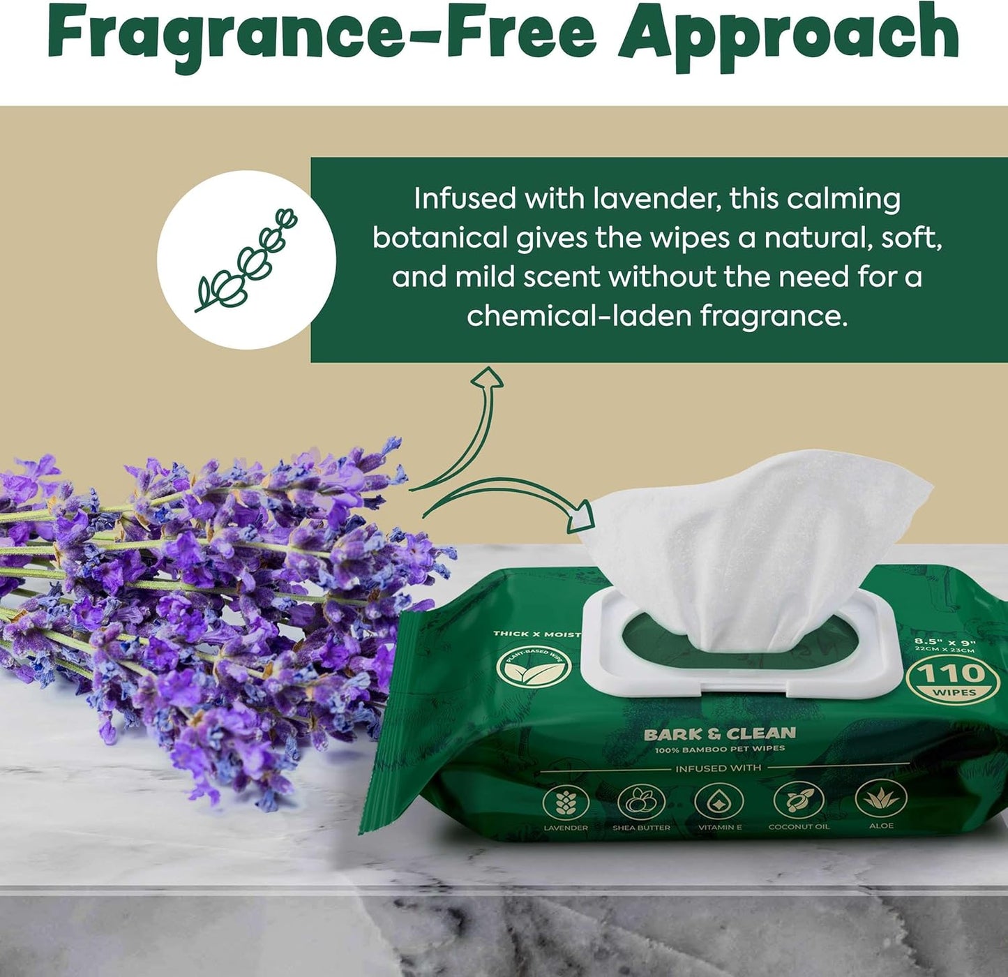 Bark & Clean Bamboo Dog Wipes for Cleaning & Deodorizing - 8.5" x 9" 110 Compostable Hypoallergenic Pet Wipes for Dogs - Paws, Butt & Body - Puppy Face, Ear & Eye Cloths - Pet Supplies