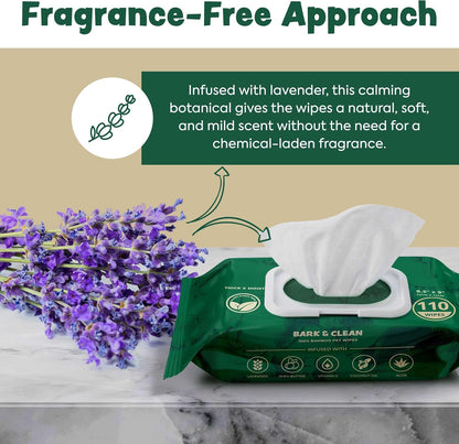 Bark & Clean Bamboo Dog Wipes for Cleaning & Deodorizing - 8.5" x 9" 110 Compostable Hypoallergenic Pet Wipes for Dogs - Paws, Butt & Body - Puppy Face, Ear & Eye Cloths - Pet Supplies