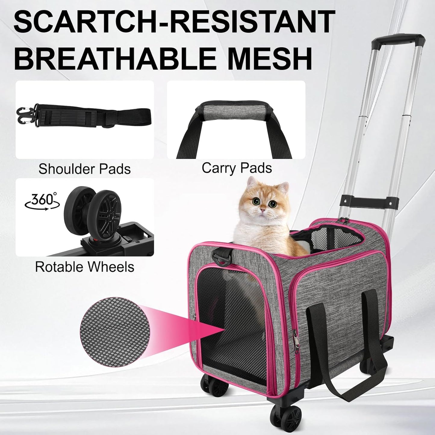 Pet Carrier with Wheels Up to 33 lbs Airline Approved Cat Carrier Rolling Pet Carrier w/Removable Wheels & Expandable Side Washable Plush Mat Pet Travel Carrier with Telescopic Handle & Shoulder Strap