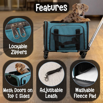 Pet Carrier with Wheels | Delta American Frontier Airline Approved | Two Expandable Sides, Storage Pockets Adjustable Leash | Rolling Dog and Cat Carrier TSA Compliant (Blue 17x12.5x11)