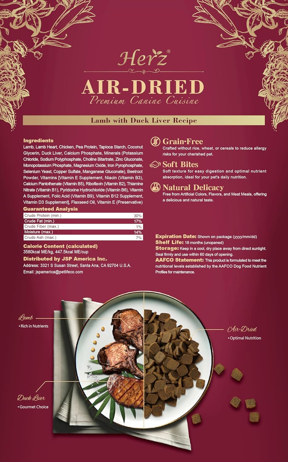 Herz Air-Dried Dog Food Lamb & Duck Liver Recipe 2.2 lb, All-Natural, High-Protein, Grain-Free, Limited Ingredients, Complete & Balanced, Premium Canine Cuisine
