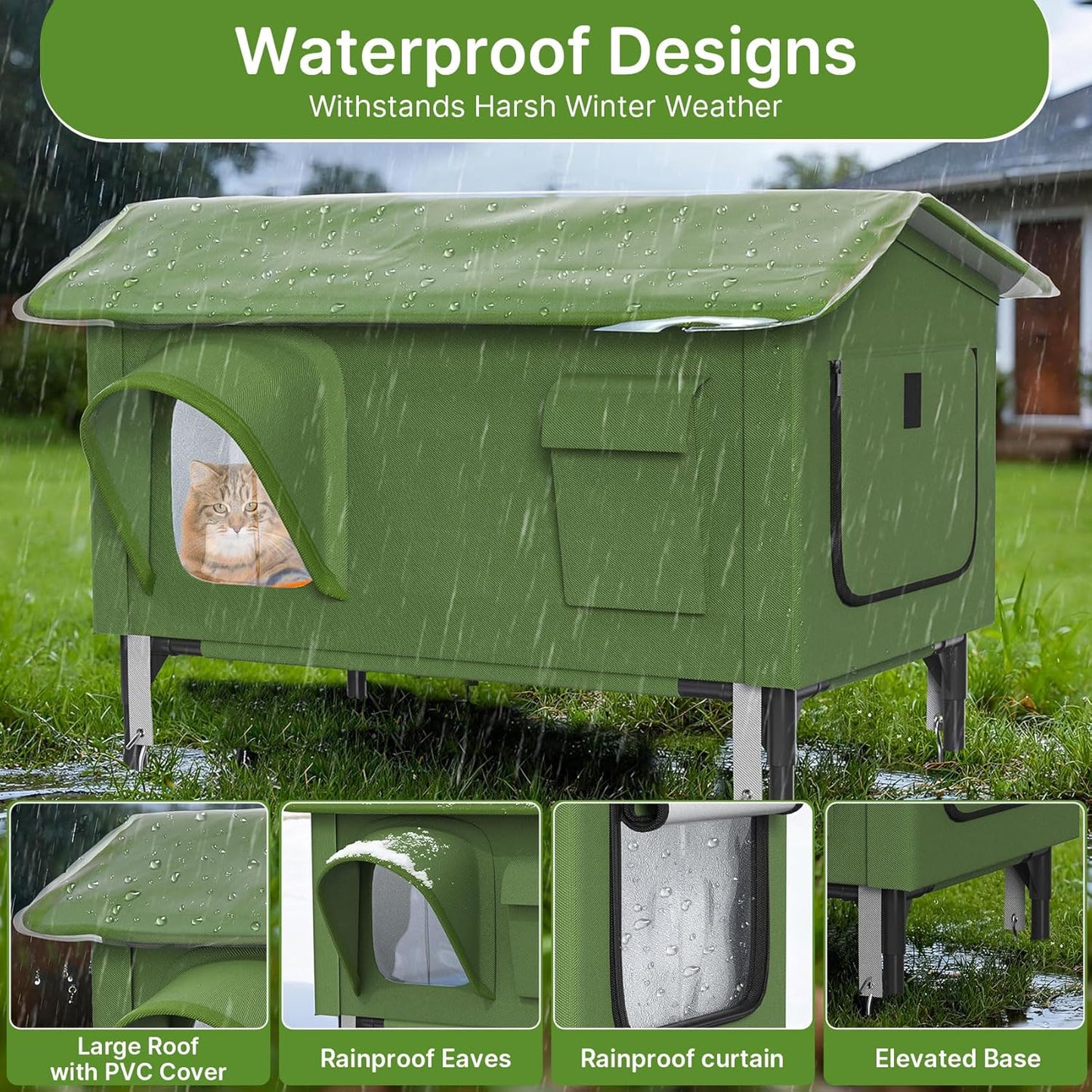 Heated Cat House for Outside - 32" Insulated Cat House Outdoor Weatherproof, Winter Outdoor Cat Shelter with Waterproof Eaves & Escape Door, Elevated Cat Shelter for Feral Stray Cat Kitty, XL