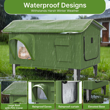 Heated Cat House for Outside - 32" Insulated Cat House Outdoor Weatherproof, Winter Outdoor Cat Shelter with Waterproof Eaves & Escape Door, Elevated Cat Shelter for Feral Stray Cat Kitty, XL
