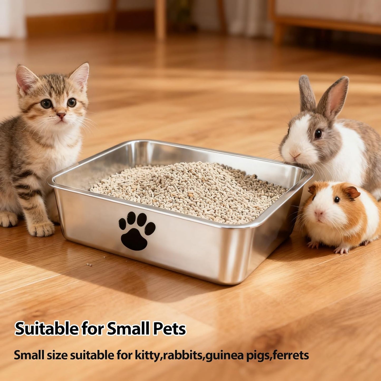 Stainless Steel Cat Litter Box with Cat Litter Scoop, Small Metal Kitten Litter Pan, Indoor Litter Tray Pet Toilet Supplies for Kitty,Rabbits,Guinea Pigs,Ferrets,Easy to Clean