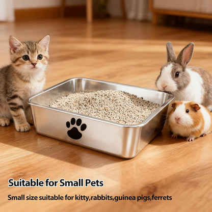 Stainless Steel Cat Litter Box with Cat Litter Scoop, Small Metal Kitten Litter Pan, Indoor Litter Tray Pet Toilet Supplies for Kitty,Rabbits,Guinea Pigs,Ferrets,Easy to Clean