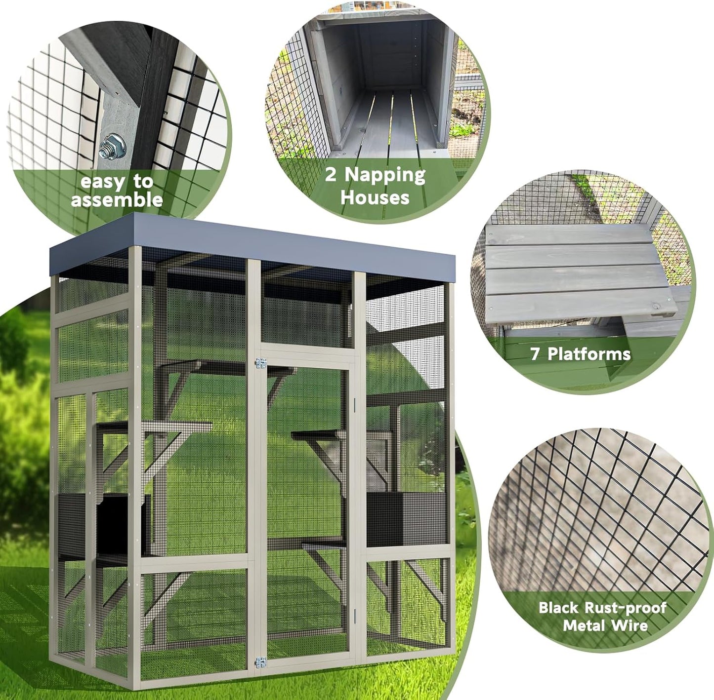 KEIKI 62.6" Outdoor Wooden Catio for Cats, Large Cat Shelter Enclosure with Platforms, Cat Houses with Secure Rust-Proof Wire and Upgrade, Waterproof CoverPet Cage for Patio or Backyard