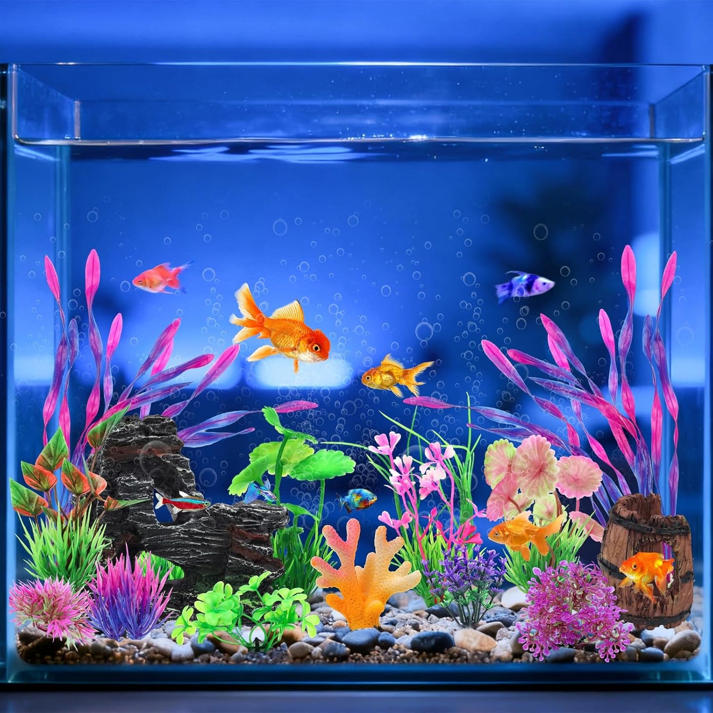 15 Pcs Aquarium Artificial Plastic Plants Decorations and Resin Barrel and Coral Rock Cave Set, Fish Tank Accessories Hideout Ornaments Aquarium Decor Set