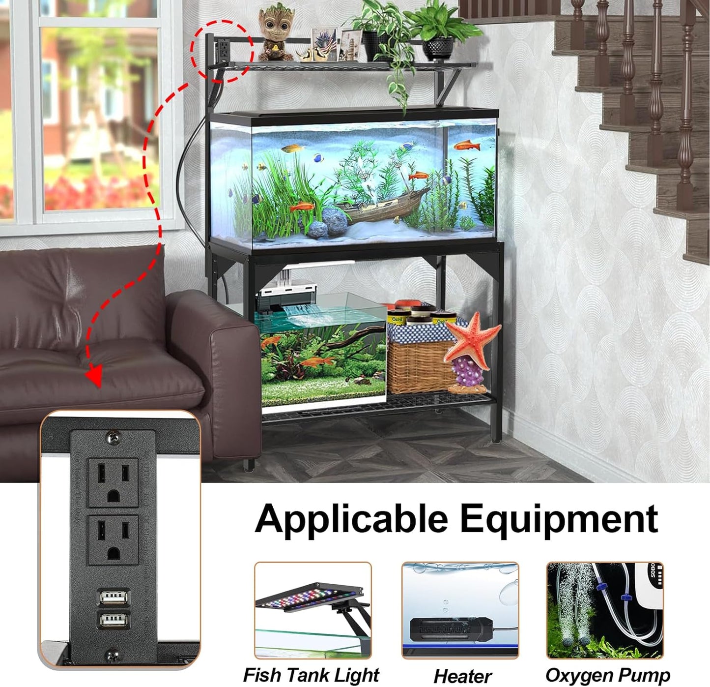 40-50 Gallon Fish Tank Stand, Aquarium Stand with Power Outlets,36.6" x 18.5"Tabletop, Thickened Metal Frame, Reptile Tank Stand for Home Office, Tank not Included