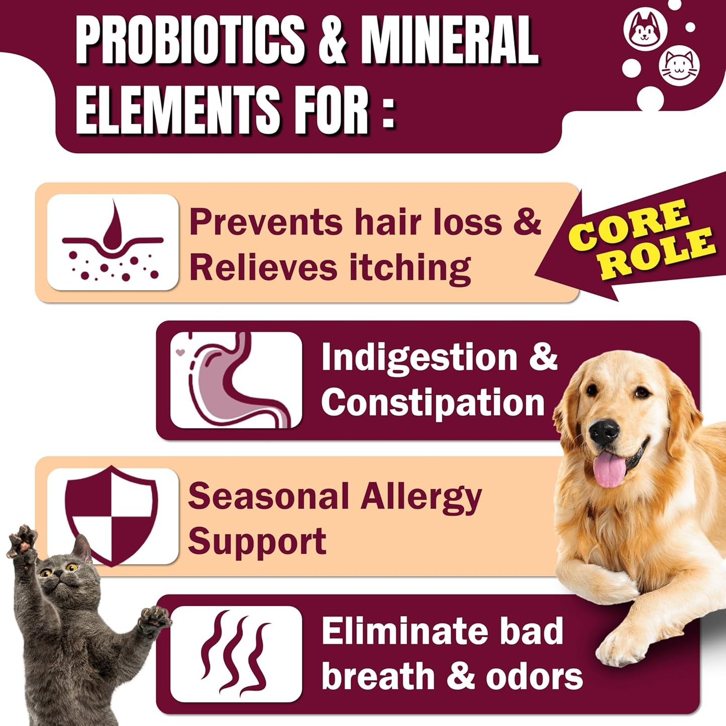 Probiotics for Dogs & Cats, 3 in 1 Formula, Improve Hair Loss, Itchy Skin, Improves Bad Breath, Body Odor, with Iron, Zinc, Manganese & Vitamin C, Gut Health, Yeast Balance(10 Bottles)，【Daily use】