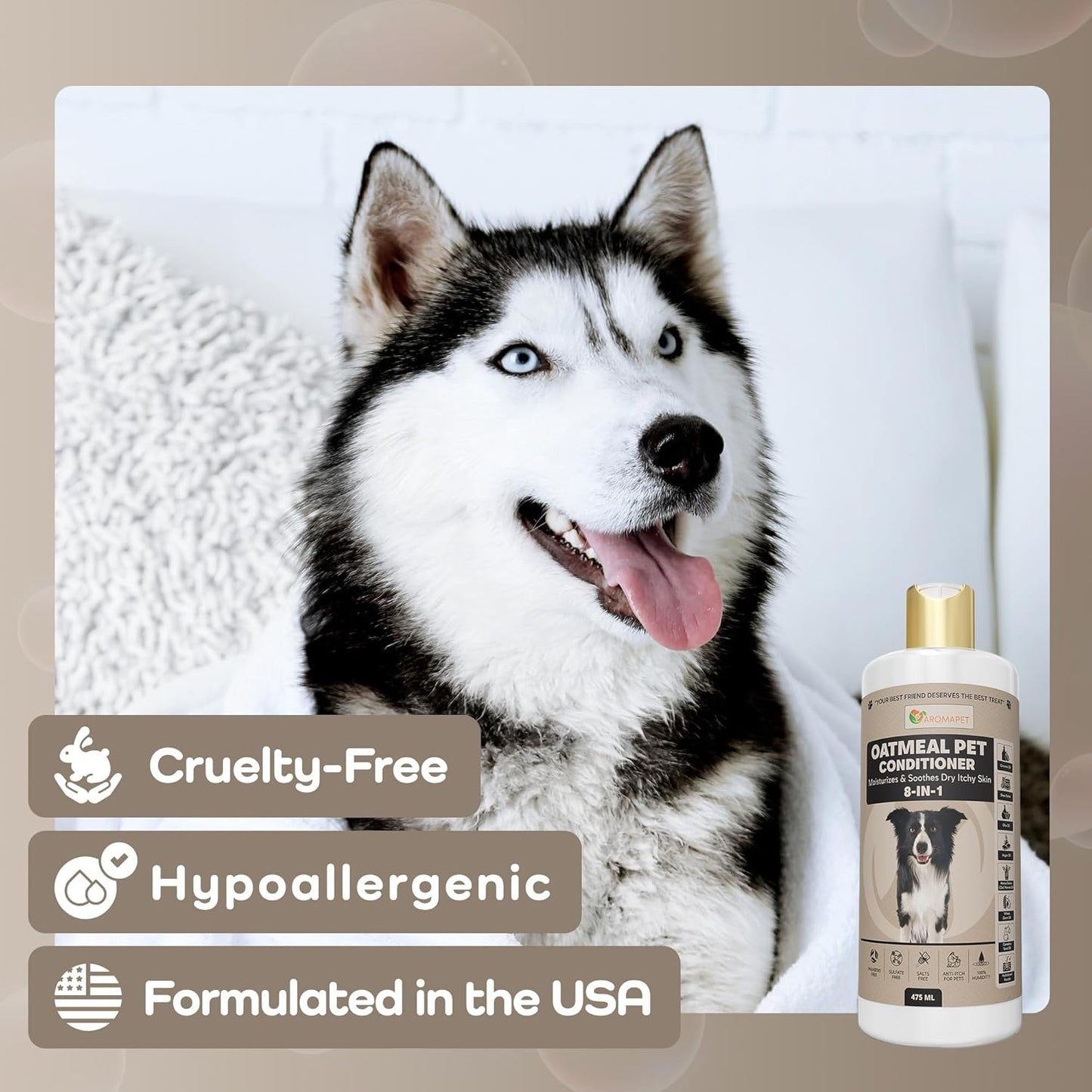 8-in-1 Oatmeal Dog Conditioner Moisturizing Conditioner for Dogs with Oat Oil, Shea Butter, Coconut Oil & Argan Oil, Hypoallergenic Dog Conditioner for Itchy Skin & Dry Coats, 475mL