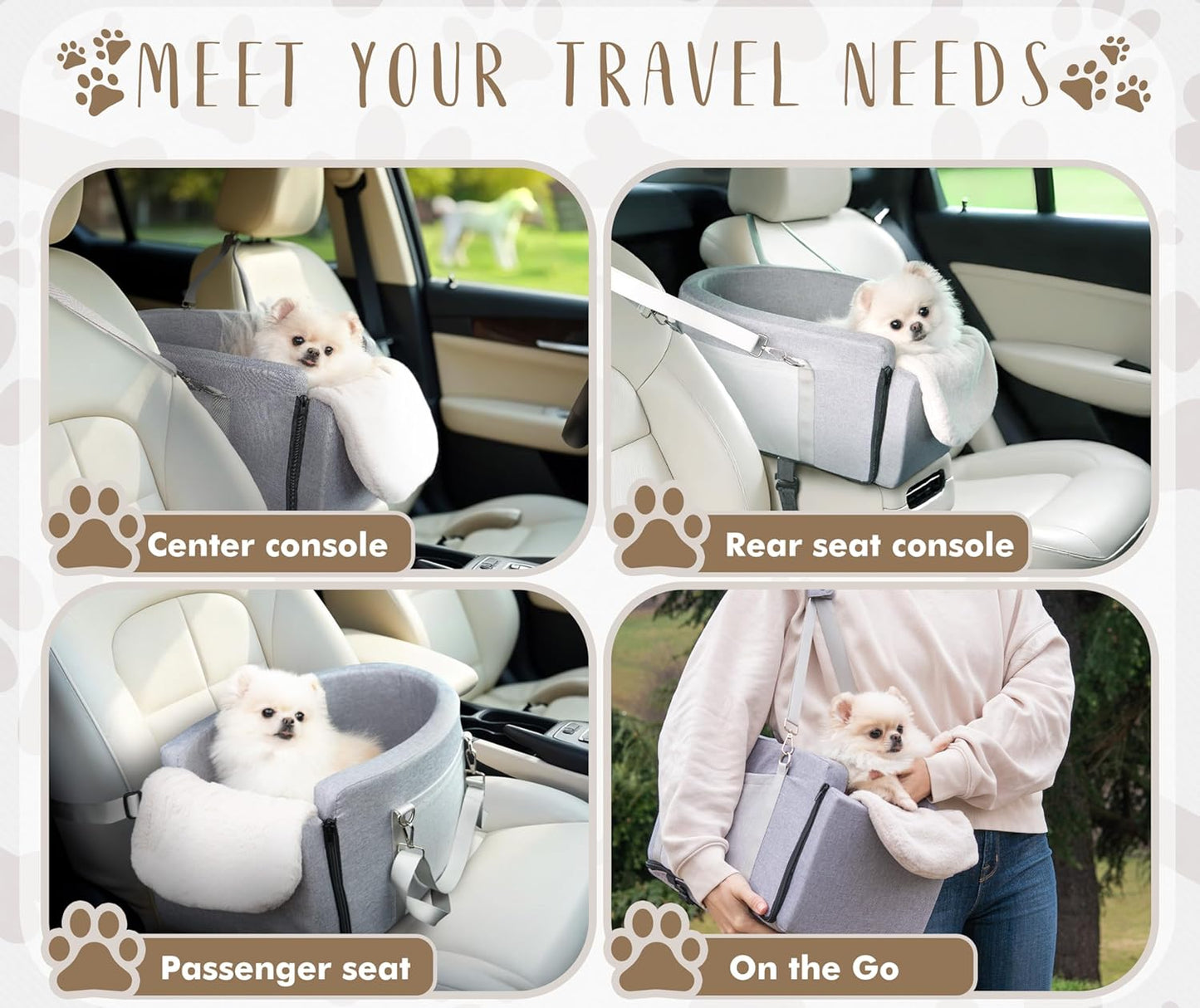 Multi-Function Small Dog Car Seat Center Console & Carrier - Sturdy Console Dogs Car Seats for Small Dogs & Cats, Pet Dog Bed for Cars Back Seat for Up to 11 lbs, 19 x 10 x 9.5 Inches, Gray