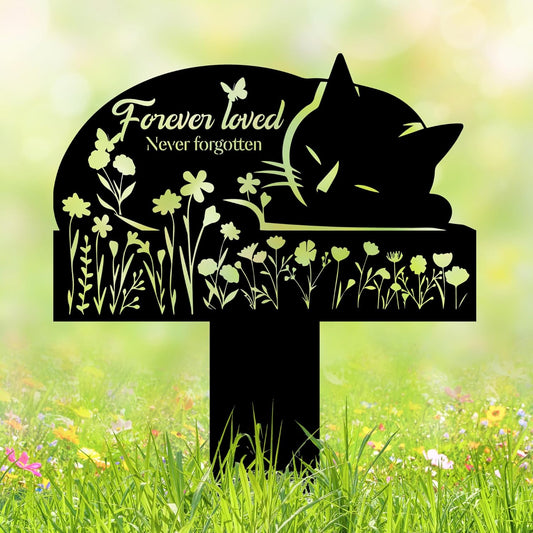 Cat Grave Marker Outdoor Memorial – 12in Metal Pet Memorial Plaque with Garden Sleeping Cat, Weatherproof Headstone for Yard or Indoor Tribute, Sympathy Gift for Loss of Cat
