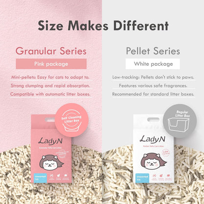 Lady N Pellet Tofu Cat Litter, Strong Clumping Ultra Absorbent, Dust-Free Low Tracking, Enviro-probiotic and Activated Carbon for Odor Control 9lb (1 Pack Unscented)