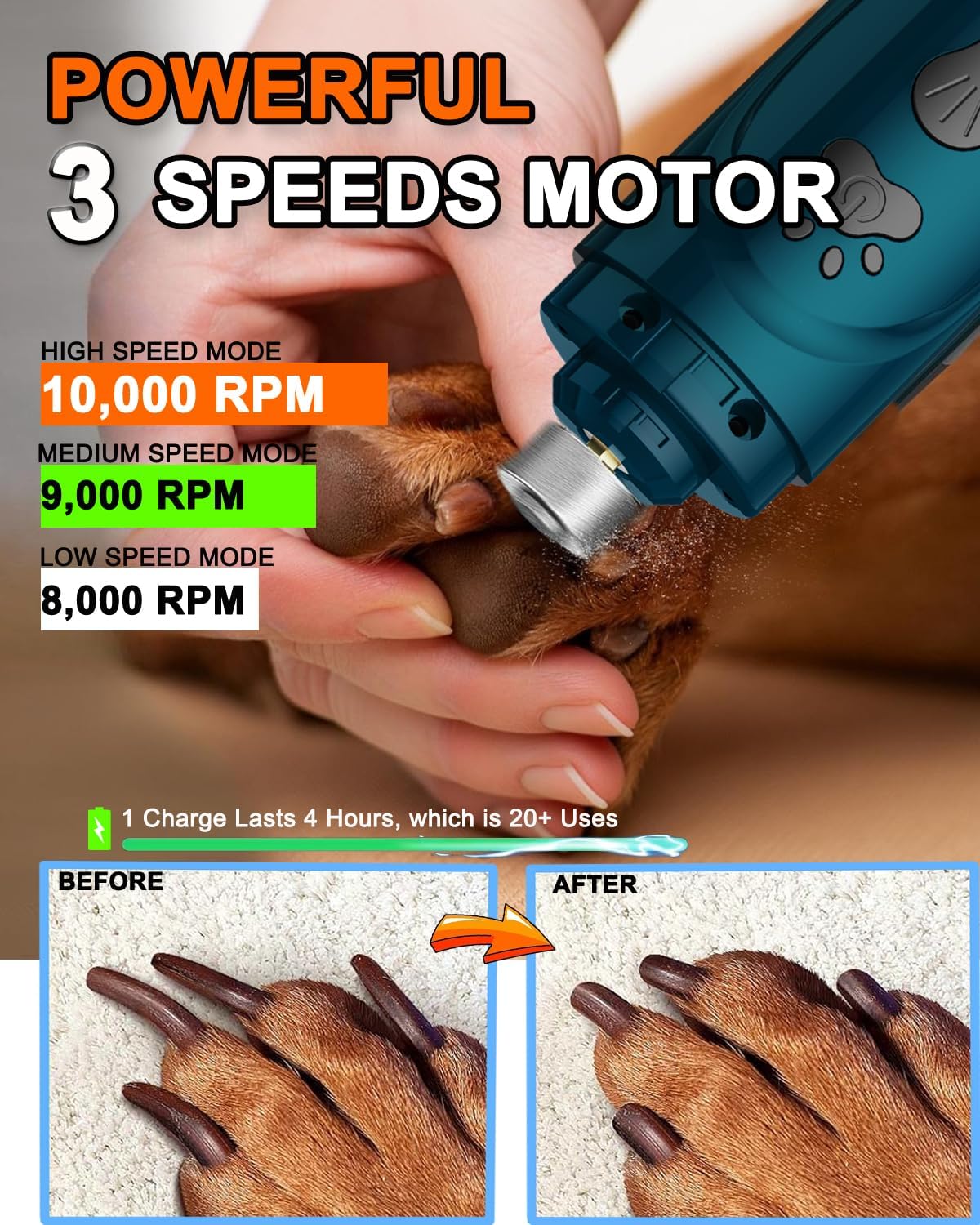 YABIFE Dog Nail Trimmers and Dog Nail Clippers Kit, Whisper Quiet Electric Grinder with Light, for Small, Medium, Large Dogs, Cats Toenail Grooming, 3 Speeds