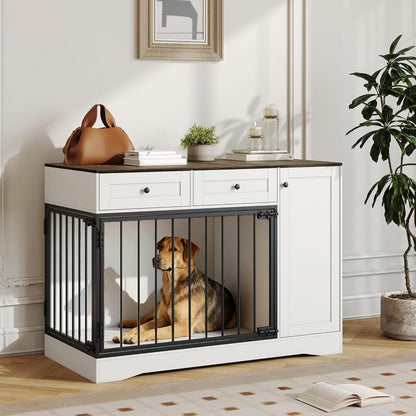 Farmhouse Dog Crate Furniture 47" – Modern Indoor Kennel with Double Doors, TV Stand & Buffet Cabinet, Dog Cage Side Table with 2 Drawers & Storage for Small & Medium Dogs
