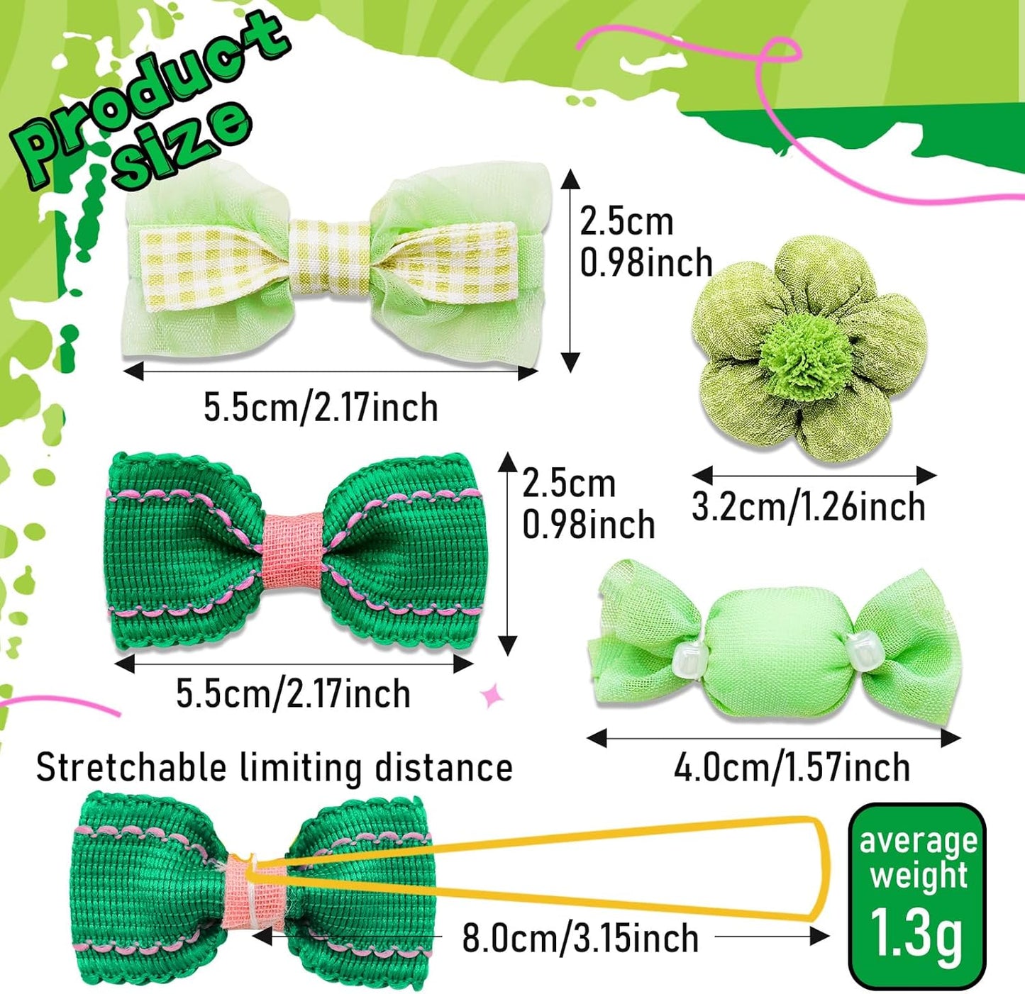 20pc Green Small Dog Hair Bows with Rubber Bands, Bulk Green Puppy Dog Hair Bows, Mix Handmade Cute Dog Gooming Flower Ball Bows for Holiday Yorkie Dog Hair Accessories