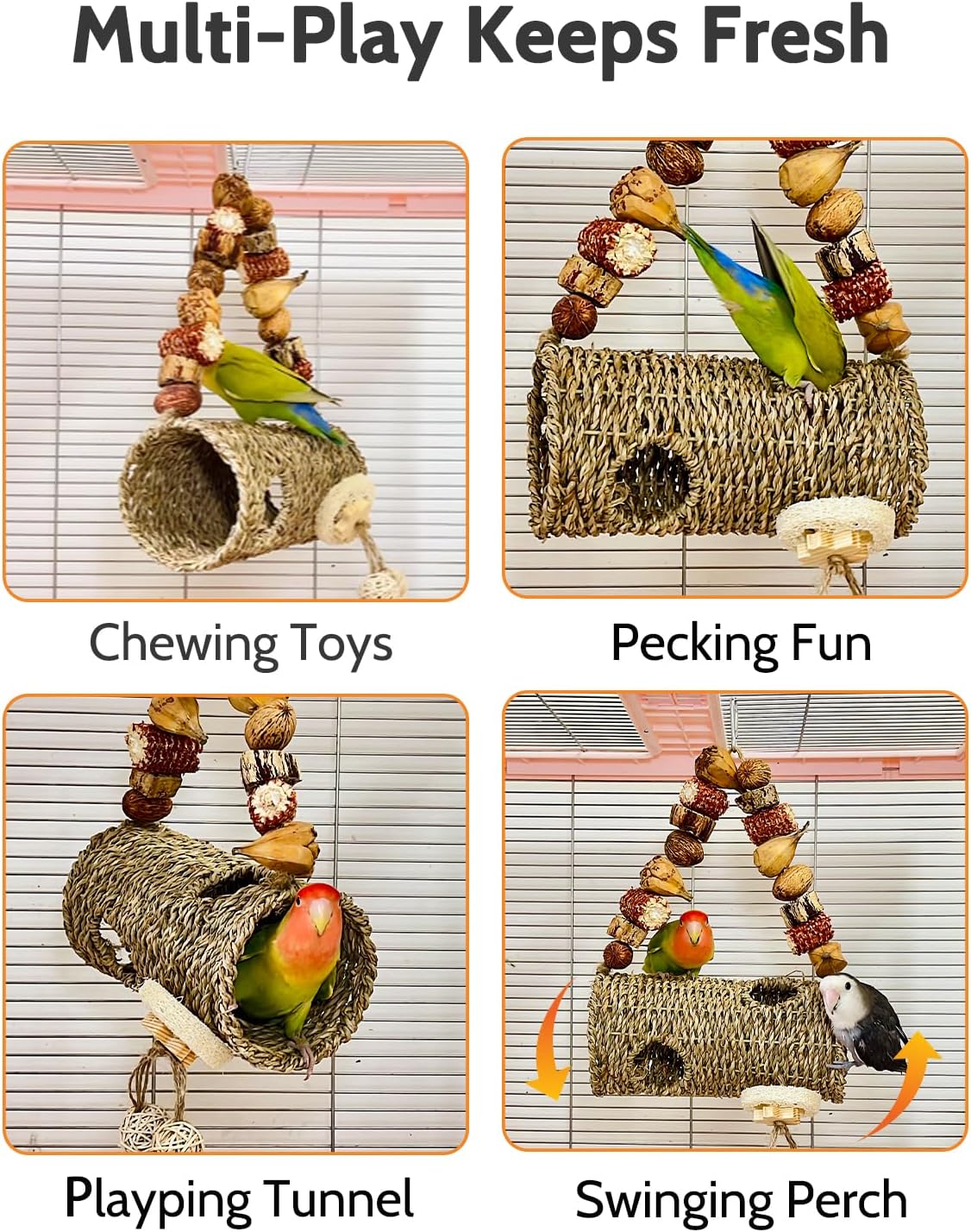Bird Nest for Cage with Natural Chewing Toys, Hanging Bird Tunnel Bed with Sturdy Metal Frame & Handwoven Breathable Seagrass, Small Parakeet Bed for Lovebird, Canary, Budgie Rest & Chew & Play