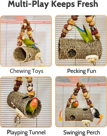 Bird Nest for Cage with Natural Chewing Toys, Hanging Bird Tunnel Bed with Sturdy Metal Frame & Handwoven Breathable Seagrass, Small Parakeet Bed for Lovebird, Canary, Budgie Rest & Chew & Play