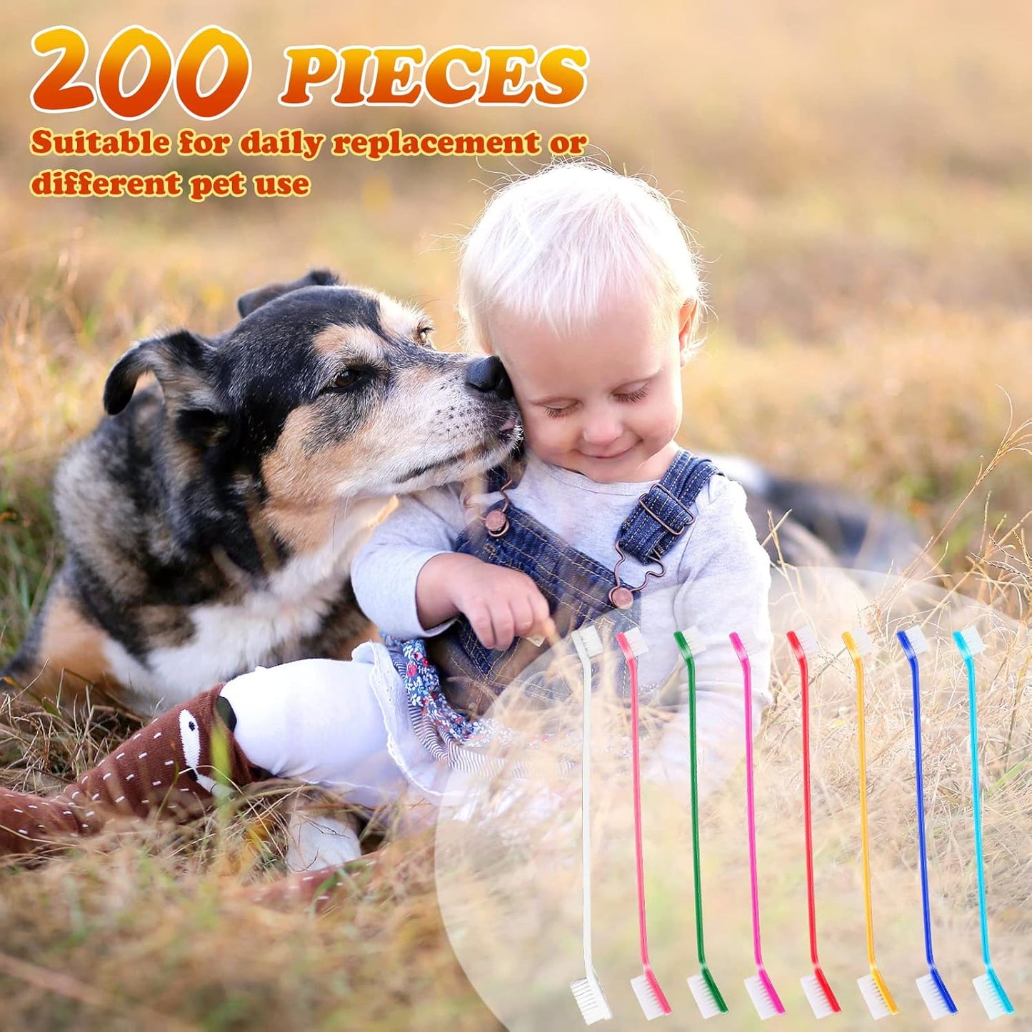 200 count Dog Toothbrush Bulk Dual Headed Dental Brushes Dogs Tooth Brushing Kit Long Handle Pet Tooth Brush for Puppy Large Small Cats and Most Pets Teeth Cleaning Dental Care Supplies, 8 Colors
