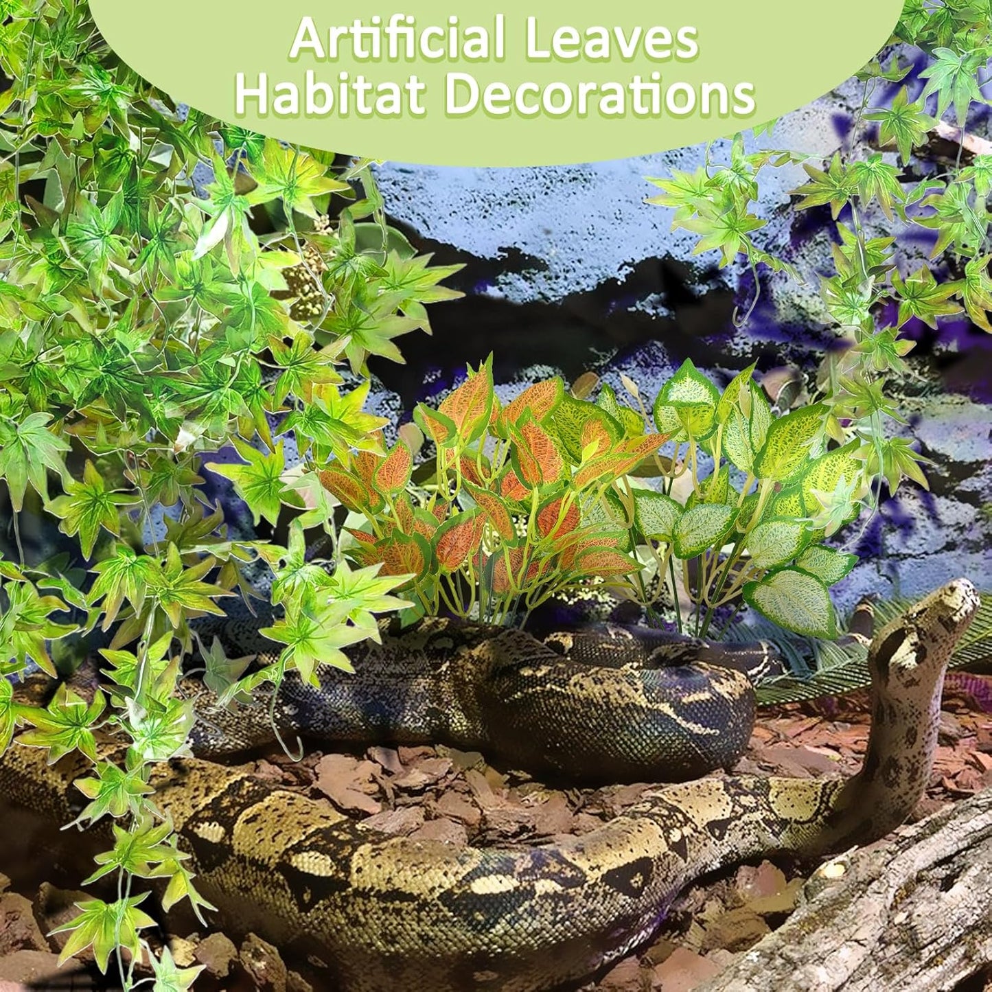 BNOSDM Reptile Plants Habitat Decorations with Suction Cup Terrarium Hanging Plant Bearded Dragon Tank Accessories Artificial Leaves Reptile Hide for Lizard Snake Leopard Gecko Chameleon (Green)