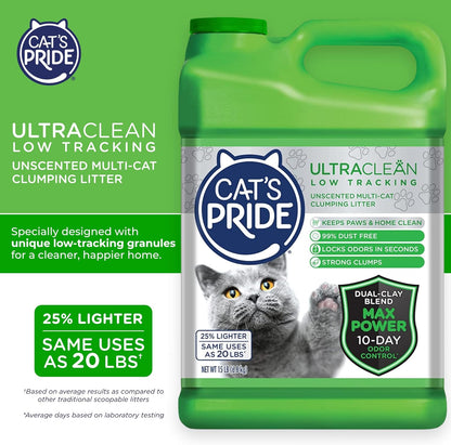 Cat's Pride Max Power: UltraClean Low Tracking Multi-Cat Clumping Litter - Keeps Paws & Home Clean - Up to 10 Days of Powerful Odor Control - 99% Dust Free - Unscented, 15 Pounds