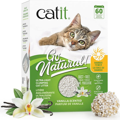 Catit Go Natural Ultra-Light Clumping Cat Litter, Bamboo Pellets, Dust-Free, Lightweight, Compostable, Vanilla Scent, Soft on Paws, Deodorizing, Eco-Friendly Litter 7.9lb