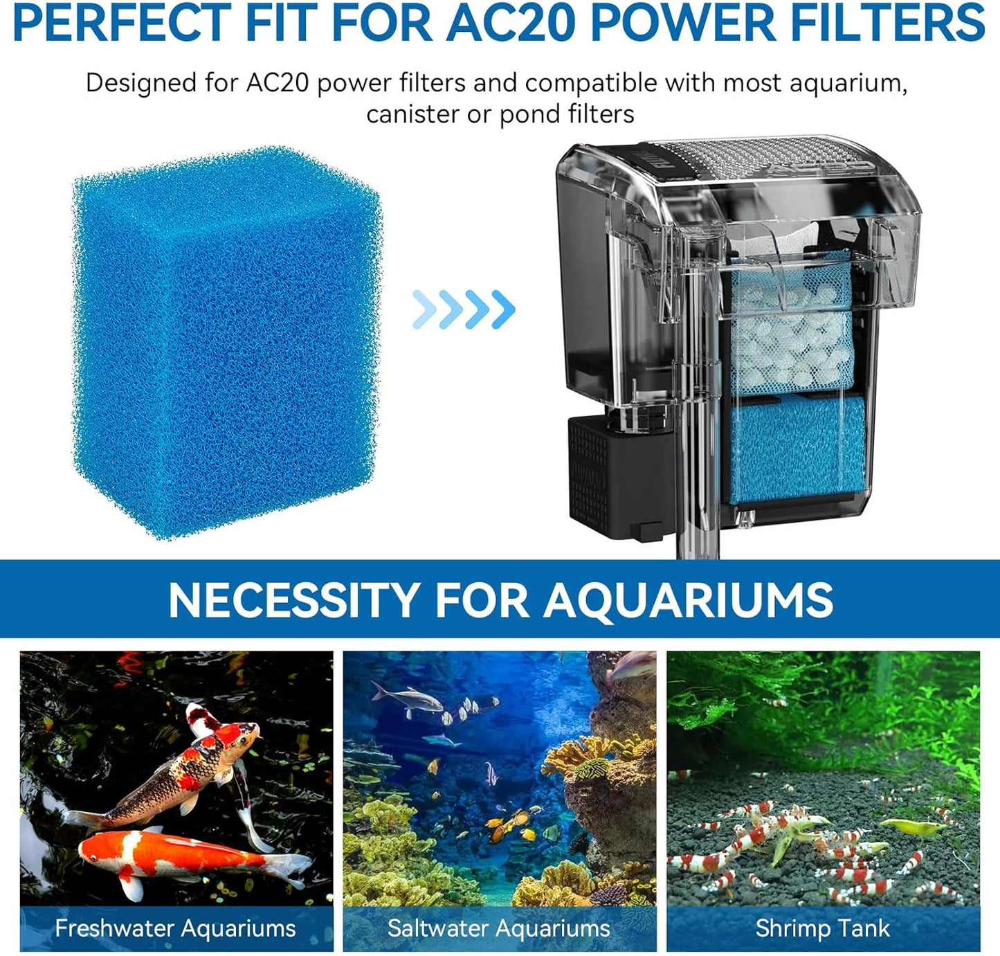 Bio-Foam for AC20 Power Filter, Replacement Aquarium Sponge Filter Media Foam Construction for Use in Freshwater & Saltwater Aquariums, 30PPI Filter Sponge Pads (6 PCS)