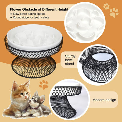 Raised Ceramic Cat Slow Feeder Bowl, Elevated Cat Plate with Stand, Slow Bowl for Wet and Dry Food, Whisker Friendly Pet Feeder for Kitten and Small Dog Perfect for Pet Gift
